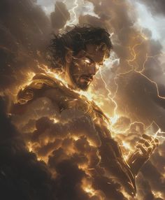 a man standing in the clouds with lightning coming out of his chest and arms behind him