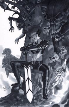 a black and white drawing of a man sitting at a table surrounded by demonic creatures