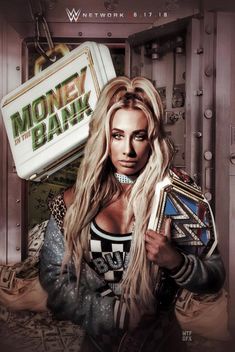 a woman with long hair holding a money bank and a wrestling belt in her hand