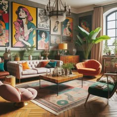 a living room filled with lots of furniture and paintings on the wall above it's windows