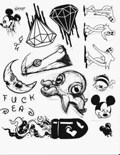 some black and white drawings with different designs on them, including an owl, skull, diamond