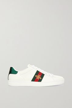 White Ace watersnake-trimmed embroidered leather sneakers | GUCCI | NET-A-PORTER Sneakers With Dress, French Spring Outfits, French Style Shoes, French Inspired Outfits, French Style Clothing, French Inspired Fashion, Dress And Sneakers, French Chic Fashion, Dress And Sneakers Outfit