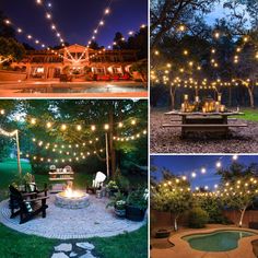 outdoor lighting and patio furniture are featured in this collage, including an outside fire pit