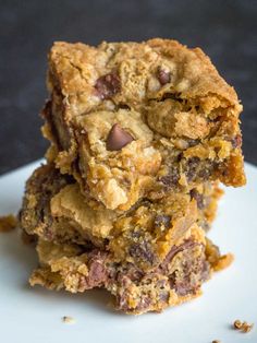 chocolate chip cookie bars stacked on top of each other