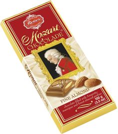 a chocolate bar with an image of a man in red and gold on the front