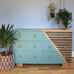 a blue dresser with two plants on top and one potted plant next to it