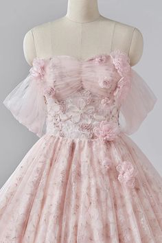 Pink Flower Long Princess Dress Off the Shoulder Tulle Evening Party Dress Floral Tulle Dress For Garden Party, Spring Party Princess Dress With Short Sleeves, Pink Floral Princess Dress For Party, Spring Princess Dress For Banquet, Spring Prom Ball Gown With Sweetheart Neckline, Prom Season Tulle Dress With Floral Applique, Pink Floral Ball Gown For Prom Season, Party Tulle Ball Gown With Floral Applique, Princess Style Floral Applique Prom Dress