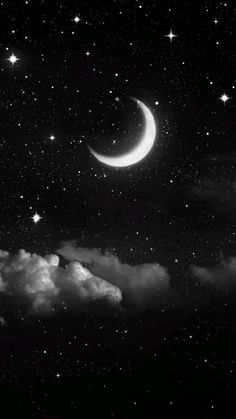 the night sky is filled with stars and crescents, as well as some clouds