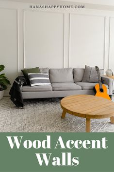 a living room with a couch, guitar and potted plant in the corner text reads wood accent walls