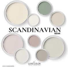 six different shades of white paint with the words scandinavian behrr in black and white