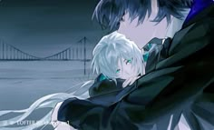 two anime characters hugging each other in front of a bridge with water and sky behind them