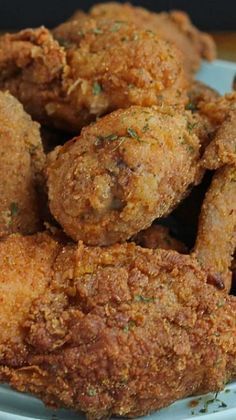 some fried food on a blue and white plate