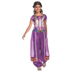 A perfectly royal young lady in purple! This girl's Aladdin movie Jasmine costume is a darling way to be a Disney princess this Halloween. Glittering with gold and amazing with accents, it's an ensemble that's a guaranteed way to make her the star of the show - or of the costume party! Shoes not included. Polyester. Fits sizes 7-8. © DisneyIncludes:o Satin jumpsuit with printed pants and bodice with gold foil detailingSpecial Shipping Information: This item ships separately from other items in y Jasmine Aladdin 2019, Disney Princess Costume Ideas, Jasmine Birthday Party, Aladdin Birthday Party, Aladdin Princess Jasmine, Aladdin Live, Aladdin Costume, Princess Jasmine Costume, Aladdin Princess