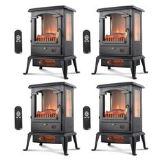 four different types of wood burning stoves in various positions and sizes, including the top one with an open flame