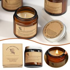 several different types of candles with labels on them