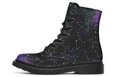 Aurora Boots - Lace-up Black Combat Galaxy Print Vegan Leather Statement Cruelty-free Festival Goth Ankle Boots Space Boots, Manifest 2024, Adventure Crafts, Long Tee Shirts, Gym Backpack, Trendy Sandals, Purple Swirl, Witchy Fashion, Concert Outfits