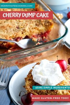 cherry dump cake on a plate with whipped cream and cherries in the bowl next to it