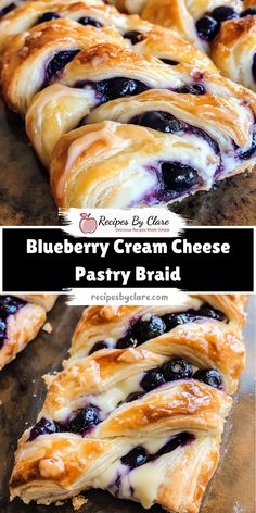 blueberry cream cheese pastry braid is cut into pieces and ready to be served in the oven