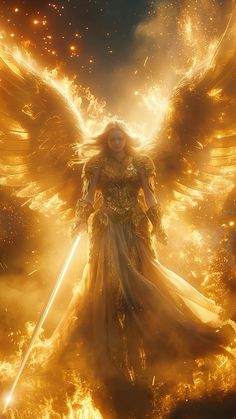 an angel standing in the midst of fire holding two swords and surrounded by bright lights