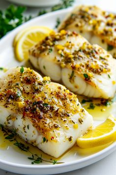 two pieces of fish on a plate with lemon wedges