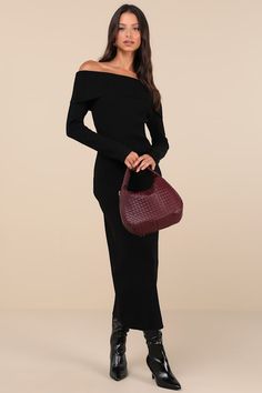 From office parties to holiday bashes, there are plenty of occasions the Glamorous Incredibly Pristine Black Off-the-Shoulder Sweater Maxi Dress will be perfect for! Stretchy ribbed sweater knit shapes this must-have dress that features a chic off-the-shoulder neckline with a fold-over trim and a flirty bodycon silhouette, all framed by long sleeves. A sophisticated maxi hem completes the look. Fit: This garment fits true to size. Length: Ankle length. Size medium measures 46.5" from top to bottom. Bust: Great for any cup size. Waist: Fitted - stretchy fabric allows custom fit. Hip: Fitted - stretchy fabric allows room for hips. Undergarments: May be worn with a strapless bra, adhesive bra, petals, or no bra. Fabric: Fabric is very stretchy. Unlined. 41% Viscose, 35% Polyamide, 24% Polyest Black Midi Sweater Dress Outfit, Midi Dress And Boots Outfit, Black Dresses With Boots, Ribbed Dress Outfit, Winter Maxi Dresses, Black Midi Sweater Dress, Off The Shoulder Sweater Dress, Cozy Inspiration, Skater Sweater