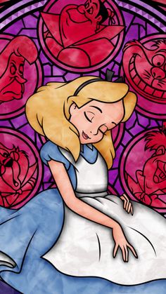 a stained glass window with an image of alice