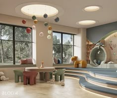 the children's room is decorated in pastel colors and features circular lights, round tables with stools, and teddy bears