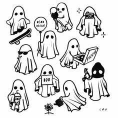 various ghost stickers are shown in this black and white drawing set, including one with a