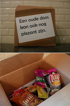 an open box filled with chips and a sign that says, even dudes can eat their own snacks