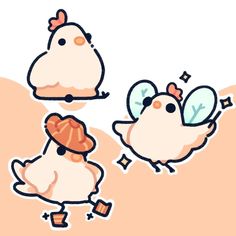 Chickens in different chicken-y forms, a fairy, cowboy, and a regular lil dude Chicken Doodles Cute, Kawaii Chicken Drawing, Cute Simple Characters, Funny Animals Drawing, Chicken Cute Art, Chicken Doodle Drawing, Cute Chicken Art, Chicken Pfp, Animal Cute Drawing