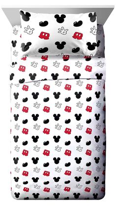 mickey mouse bedding set with white sheets and red black and white polka dot print