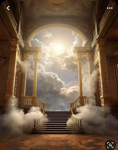 an open doorway with stairs leading to clouds in the sky