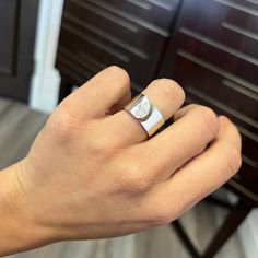 Part of our latest "Melrose" collection - these are cigar band inspired but with an open notch to truly enhance and showcase the silhouette of the diamond. The lines are elegant and clean, with a nod to architectural lines. Bold on the finger, and statetement-making! Low set on the finger.The pear cut diamond is antique - charming, chunky, icy-white face up and 100% eye-clean. Unlike our other cigar bands, this one was set at an angle for a touch of whimsy! Platinum Size 5.50 but fits like a 4.7 Modern Single Diamond Jewelry In Diamond White, Modern Wide Band Jewelry For Anniversary, Modern Polished Diamond Ring For Everyday Luxury, Modern Diamond Ring With Polished Finish For Everyday Luxury, Modern White Gold Jewelry With Tension Setting, Modern Open Ring Jewelry With Single Cut Diamonds, Modern Jewelry In Diamond White With Tension Setting, Modern Single Diamond White Jewelry, Modern White Jewelry With Single Diamond