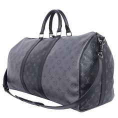 Authentic Louis Vuitton Eclipse Reverse Keepall Bandouliere 50 duffle bag. Features black and grey coated canvas, black leather dual rolled handles, natural cowhide leather trim, and silver hardware. Its top zip closure opens to a fabric interior with a zipper pocket and d ring. Includes a removable shoulder strap. Take this amazing duffle bag on a trip or use it as a really great gym bag. Either way, you will love it! Strap drop: 25" - adjustable Louis Vuitton Crossbody Bag, Weekend Travel Bags, Louis Vuitton Crossbody, Louis Vuitton Vernis, Baby Diaper Bags, Tote Backpack, D Ring, Leather Trim, Authentic Louis Vuitton