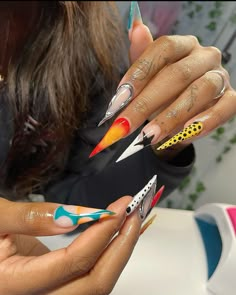 Acrylic nail inspiration.  mediums stiletto nails #instanail #nails #nailsofinstagram #nailart #longnails #mediumlength Long Nails Stiletto Design, Nail Stiletto Design, Point Nails Design, Stiletto Junk Nails, Different Acrylic Nails, Colorful Stiletto Nails, Medium Stiletto Acrylic Nails, Nail Art Designs Stiletto, Stiletto Acrylic Nails Designs