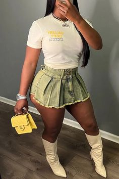 Relaxed Retro Wash Stretch Denim Miniskirt Yellow Denim Skirt, After Prom Outfit, Skirt Set Outfit, Denim Miniskirt, Cute Birthday Outfits, Trendy Skirts, Shein Outfits, Fashion Bottoms, Cute Swag Outfits