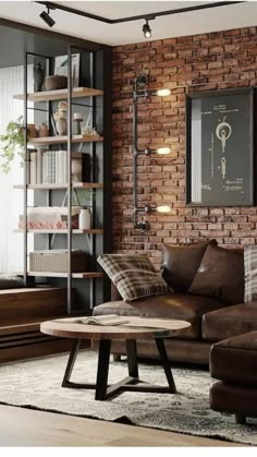 a living room with brick walls and leather furniture in the corner, including a coffee table