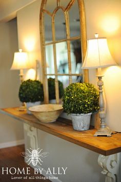 a table with two potted plants on it and a mirror in the back ground