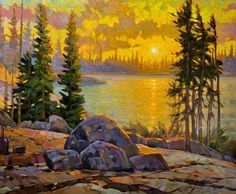 a painting of the sun setting over a lake with rocks and pine trees in the foreground