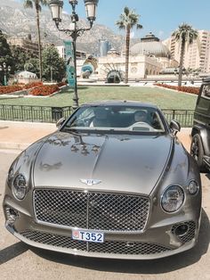 a silver sports car parked in front of a street light with palm trees behind it