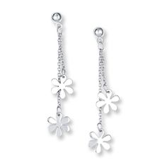 Flowers dangle playfully from chains of sterling silver in these fashionable earrings for her. Each earring is secured with a friction back. Spring Sterling Silver Earrings, Trendy Nickel-free Flower-shaped Jewelry, Trendy Silver Flower Earrings For Pierced Ears, Trendy Silver Flower Earrings, Sterling Silver Drop Earrings For Spring, Silver Drop Earrings For Spring, Spring Dangle Metal Jewelry, Silver Dangle Flower Earrings For Spring, Dainty Silver Earrings For Spring