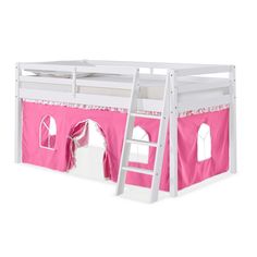 a white bunk bed with pink curtains on the top and bottom floor, next to a ladder