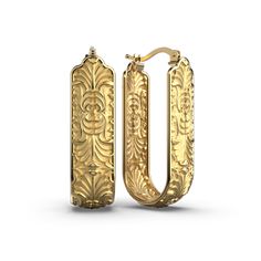 Discover the opulence of Italian Baroque with these stunning earrings. Crafted in Italy, these exquisite earrings feature a long rectangular shape and intricate acanthus leaf decorations, capturing the essence of Baroque artistry. Made with 14k gold, they radiate luxury and elegance. Elevate your style with these remarkable pieces that blend timeless design and Italian craftsmanship. Indulge in the grandeur of Baroque fashion and adorn yourself with these captivating 14k gold earrings from Italy Luxury Baroque Earrings, Luxury Hallmarked 14k Gold Huggie Earrings, Luxury Earrings With Intricate Design, Luxury Gold Hoop Earrings Gift, Luxury 14k Gold Rectangular Earrings, Luxury 14k Gold Hoop Earrings For Formal Occasions, Classic Gold Plated Rectangular Earrings, Formal Hoop Earrings With Intricate Design, Luxury Rectangular Earrings For Evening