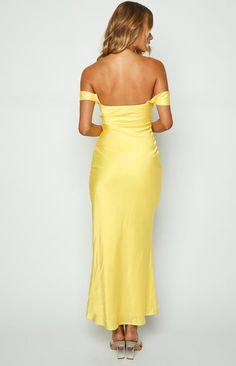 Yellow Satin Party Gown, Yellow Satin Gown For Party, Fitted Yellow Evening Dress For Bridesmaid, Elegant Yellow Maxi Dress For Prom Season, Fitted Yellow Bridesmaid Evening Dress, Yellow Fitted Maxi Dress For Prom, Formal Yellow Maxi Dress, Yellow Off-shoulder Maxi Dress For Party, Yellow Formal Dress For Party Season