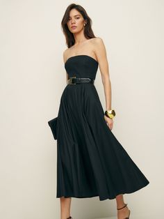 Big easy.  Shop the Astoria Dress from Reformation, a strapless midi length dress with pockets. Spring Dresses For Wedding Guest, Strapless Dress Outfit, Long Spring Dresses, Cotton Poplin Dress, Essential Dress, Spring Summer Wardrobe, Strapless Midi Dress, Silky Dress, Bandeau Dress