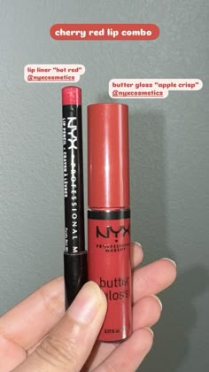 #lipcombo #12daysoffalllipcombo #cherryredlipcombo #cherryliocombo #lippie #nyx #nyxcosmetics #nyxbuttergloss #buttergloss #nyxlipliner Red Lip Combos For Light Skin, Red Black Lip Combo, Red Lip Combo, Drugstore Lipstick, Nyx Lipstick