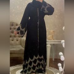 Comes With A Scarf Moroccan Dress Abaya 56 Open To Offers Elegant Evening Dress With Dabka Embroidery, Elegant Evening Dress With Dabka Detail, Fitted Black Abaya For Eid, Elegant Floor-length Abaya With Dabka, Black Floor-length Kaftan For Festive Occasions, Black Abaya For Eid Festive Occasion, Embellished Floor-length Black Abaya, Embellished Black Floor-length Abaya, Elegant Floor-length Dabka Abaya