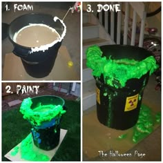 three pictures showing how to make a halloween bucket