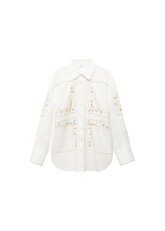 Oversized shirt with embroidered detail -  Women | Mango USA Embroidered White Shirt For Work, Collared Tops With Embroidered Cuffs For Work, Embroidered White Shirt For Workwear, White Embroidered Shirt For Workwear, White Cotton Shirt With Embroidered Cuffs, Cotton Embroidered Shirt With Spread Collar, Embroidered Cotton Shirt With Spread Collar, Long Sleeve Cotton Blouse With Embroidered Cuffs, White Shirt With Floral Embroidery And Spread Collar