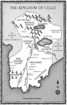 a map of the kingdom of cello with mountains and lakes in black ink on white paper